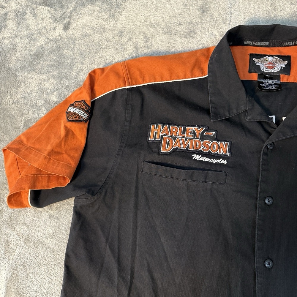 Harley Davidson Button Down Shirt Mens XL Black Orange Short Sleeve Logo - Picture 3 of 8